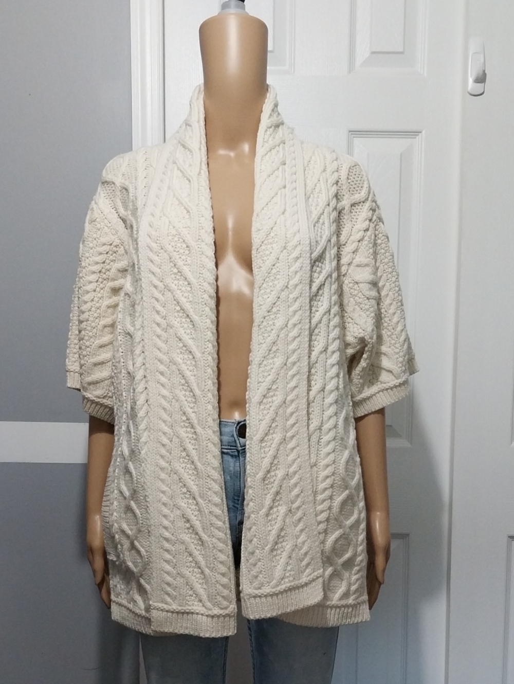 Aran Crafts 100% Merino Wool Short Sleeve Edge Cardigan, NWOT, Size M